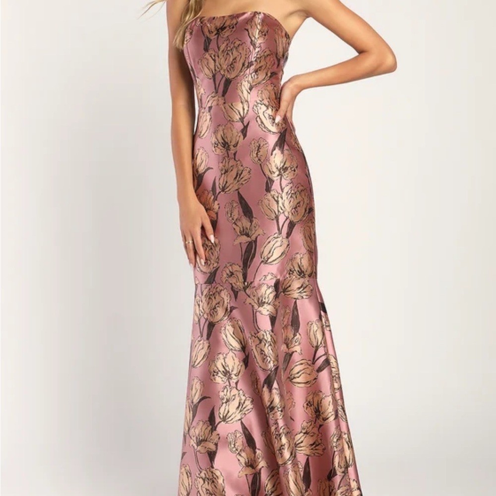 Gowning Around Mauve Floral Jacquard Strapless Maxi Dress
